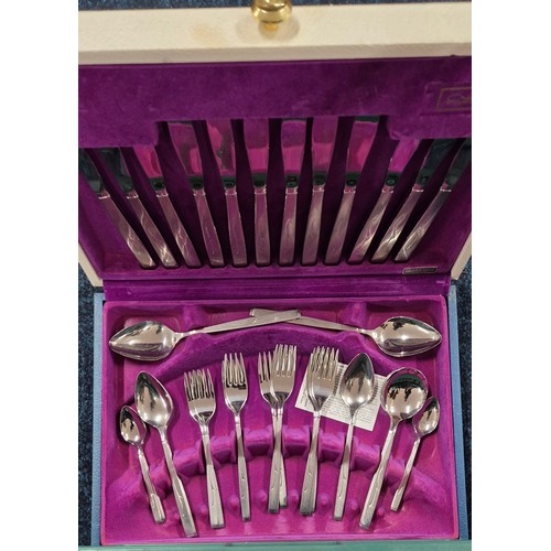 428 - A Crate of collectables and vintage canteen of cutlery; Caithness vases, Tobu Jugs, Italian inlayed ... 