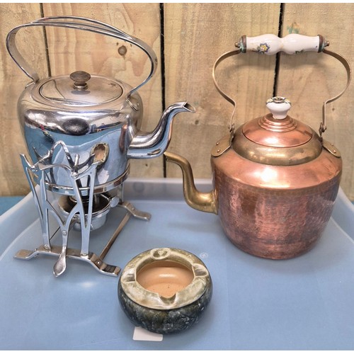 400A - Arts and crafts Art Nouveau Spirit Kettle, copper and brass kettle and Royal Doulton P&O Cruise Line... 