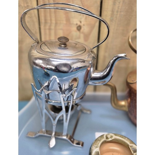 400A - Arts and crafts Art Nouveau Spirit Kettle, copper and brass kettle and Royal Doulton P&O Cruise Line... 