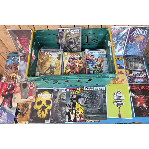 597 - Crate of Mixed Comics; Conan, Planet Of The Apes, Jupiters Legacy, Rocketeer, Bullseye and #1 comics... 
