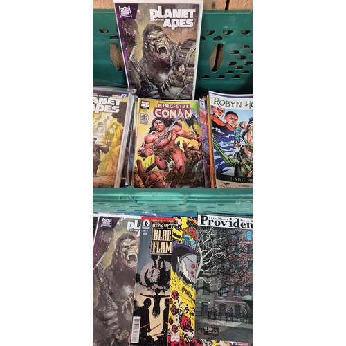 597 - Crate of Mixed Comics; Conan, Planet Of The Apes, Jupiters Legacy, Rocketeer, Bullseye and #1 comics... 