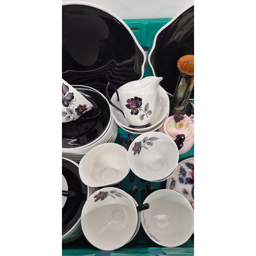 104 - Crate Of Collectables; Royal Albert Masquerade Tea service, possibly Scottish pottery drip glazed ca... 