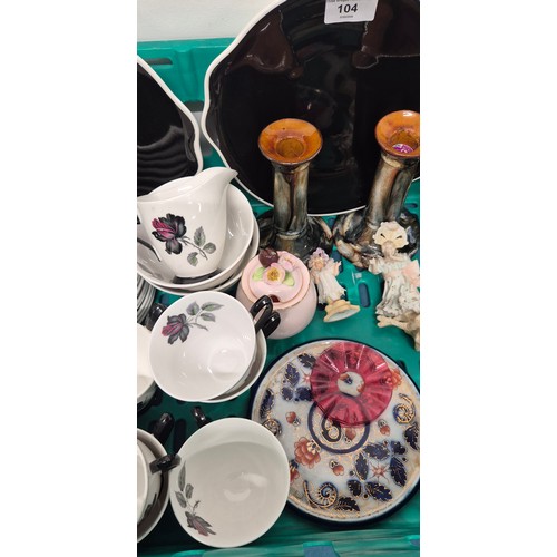 104 - Crate Of Collectables; Royal Albert Masquerade Tea service, possibly Scottish pottery drip glazed ca... 