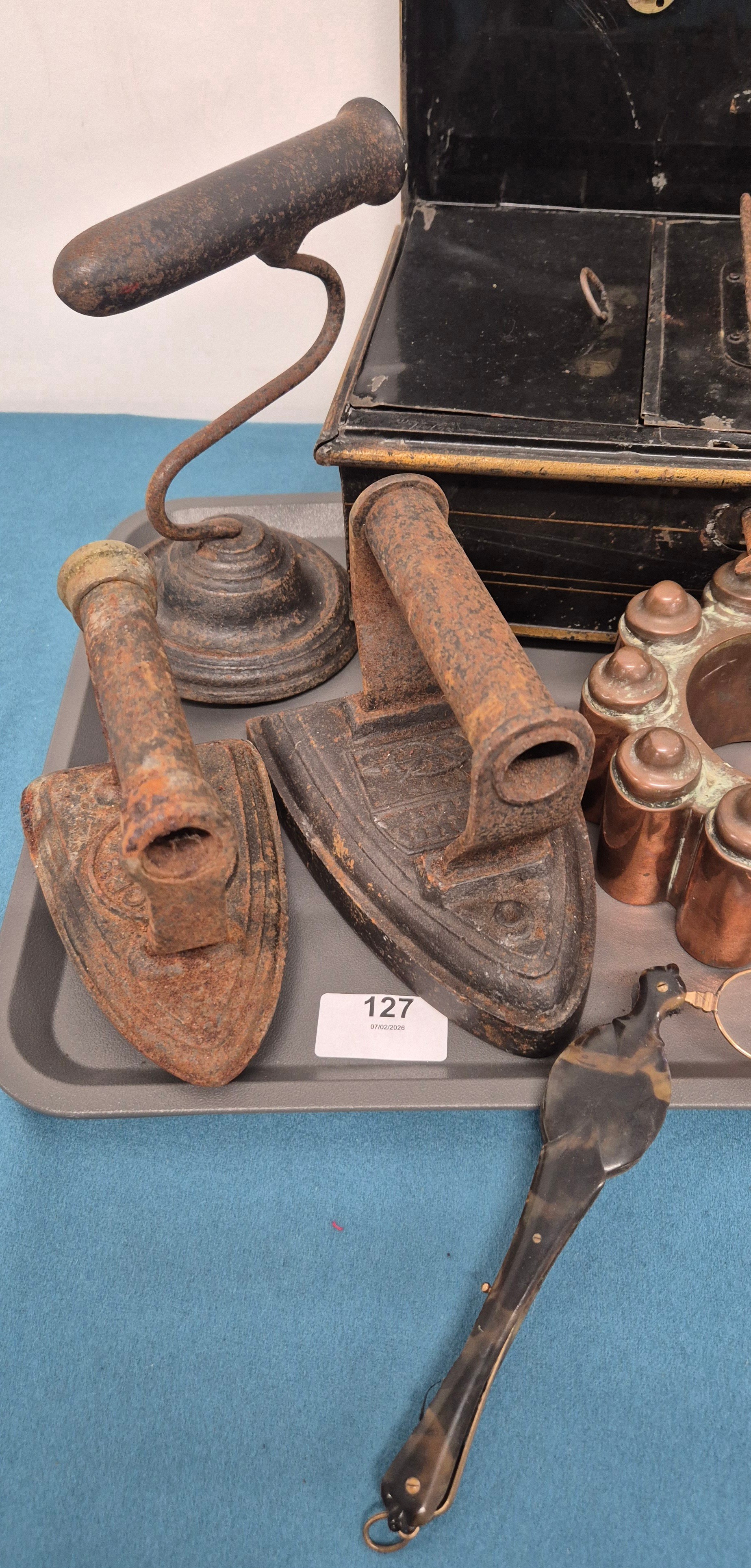 Tray Of Metal wares; Antique metal cash box, Antique copper jelly mold ...