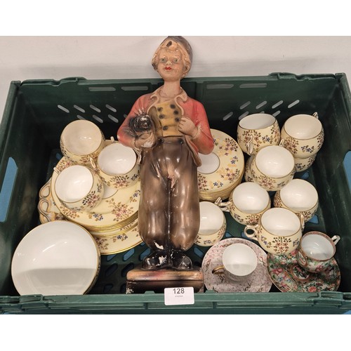 128 - Crate of collectables; Victorian tea set, Limoges cup and saucer, Chinese famille rose cup and sauce... 