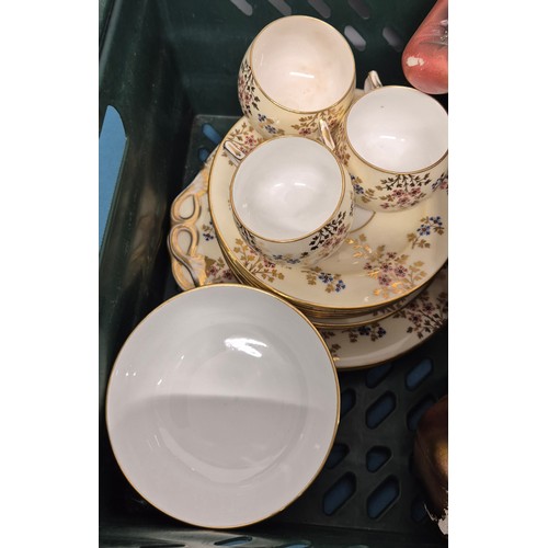 128 - Crate of collectables; Victorian tea set, Limoges cup and saucer, Chinese famille rose cup and sauce... 