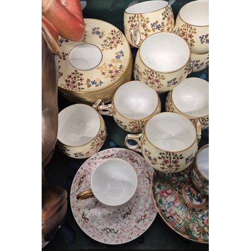 128 - Crate of collectables; Victorian tea set, Limoges cup and saucer, Chinese famille rose cup and sauce... 