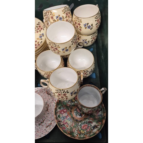 128 - Crate of collectables; Victorian tea set, Limoges cup and saucer, Chinese famille rose cup and sauce... 