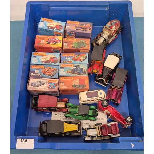 130 - Tray of model cars; Corgi Chitty Chitty Bang Bang, Matchbox boxed vehicles and Matchbox unboxed vehi... 