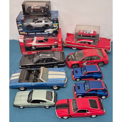 136 - Crate of model vehicles; Back to the Future DeLorean model, Starsky & Hutch 1976 Ford Gran Torino, B... 