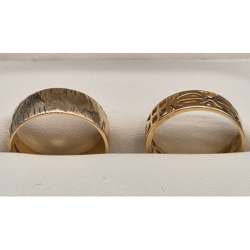 8 - Two 9ct yellow gold band rings. 9ct gold wedding band having engraved marks- ring size N. 9ct gold M... 