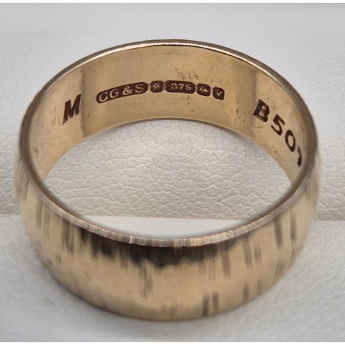 8 - Two 9ct yellow gold band rings. 9ct gold wedding band having engraved marks- ring size N. 9ct gold M... 