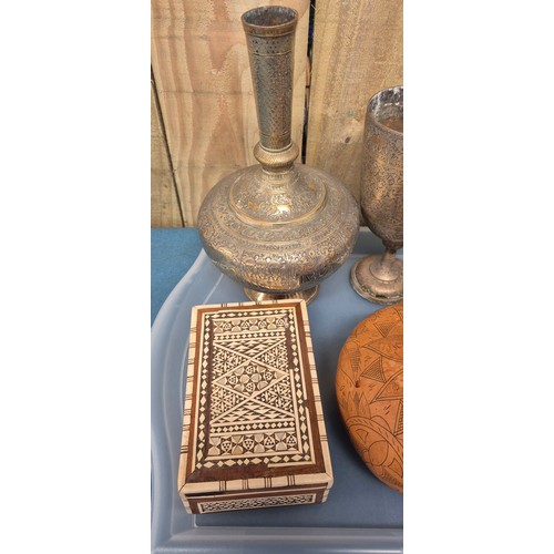 151 - Tray of collectables; hand carved calabash gourd, vintage wooden shaker box, Indo-Persian brass vase... 