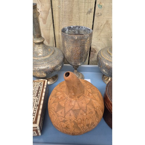 151 - Tray of collectables; hand carved calabash gourd, vintage wooden shaker box, Indo-Persian brass vase... 