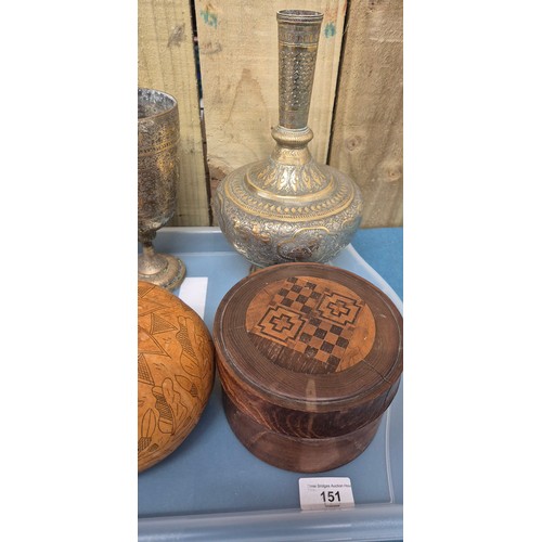 151 - Tray of collectables; hand carved calabash gourd, vintage wooden shaker box, Indo-Persian brass vase... 