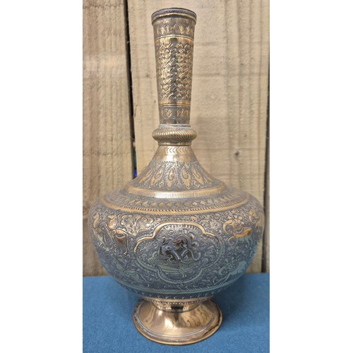 151 - Tray of collectables; hand carved calabash gourd, vintage wooden shaker box, Indo-Persian brass vase... 