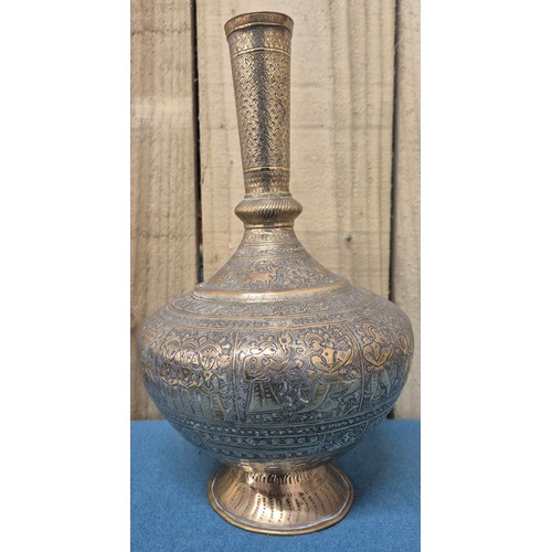 151 - Tray of collectables; hand carved calabash gourd, vintage wooden shaker box, Indo-Persian brass vase... 