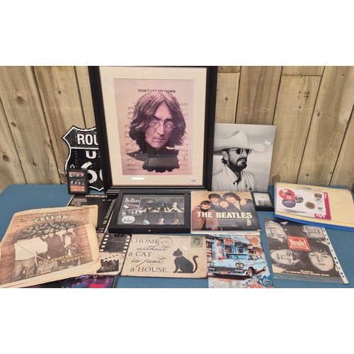 199 - Selection of The Beatles collectables; Framed miniature replicas of guitars and drum, brick fragment... 