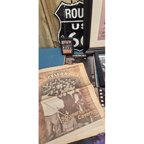 199 - Selection of The Beatles collectables; Framed miniature replicas of guitars and drum, brick fragment... 