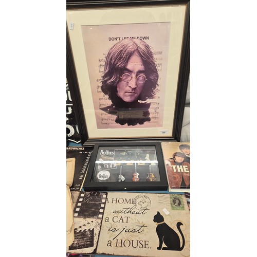 199 - Selection of The Beatles collectables; Framed miniature replicas of guitars and drum, brick fragment... 