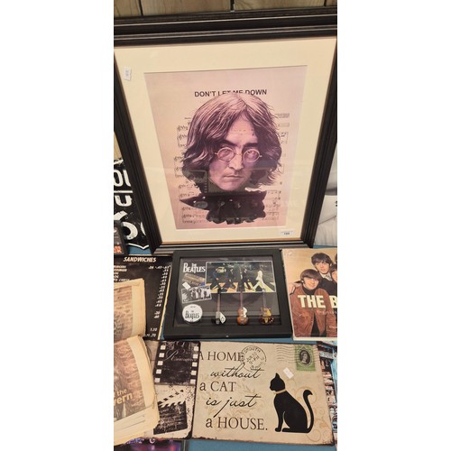 199 - Selection of The Beatles collectables; Framed miniature replicas of guitars and drum, brick fragment... 
