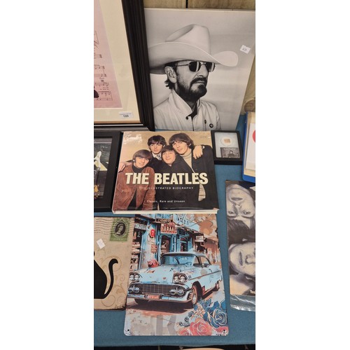 199 - Selection of The Beatles collectables; Framed miniature replicas of guitars and drum, brick fragment... 