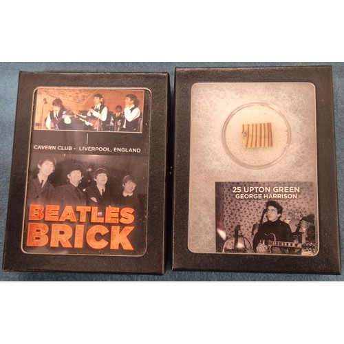 199 - Selection of The Beatles collectables; Framed miniature replicas of guitars and drum, brick fragment... 