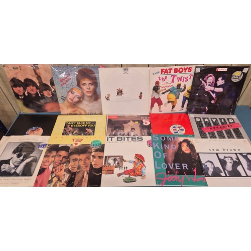 203 - Crate of LP records; The Beatles, David Bowie, Fat Boy, David Grant, Mary Wells and New Kids on the ... 