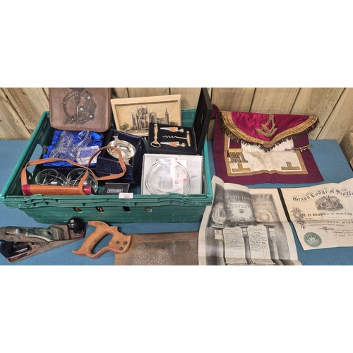 211 - Crate of collectables; Stuart glass, vintage purses, Dunfermline Abby plaque, art glass bowl masonic... 