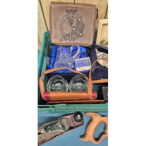 211 - Crate of collectables; Stuart glass, vintage purses, Dunfermline Abby plaque, art glass bowl masonic... 