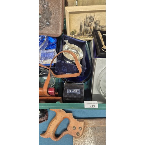 211 - Crate of collectables; Stuart glass, vintage purses, Dunfermline Abby plaque, art glass bowl masonic... 