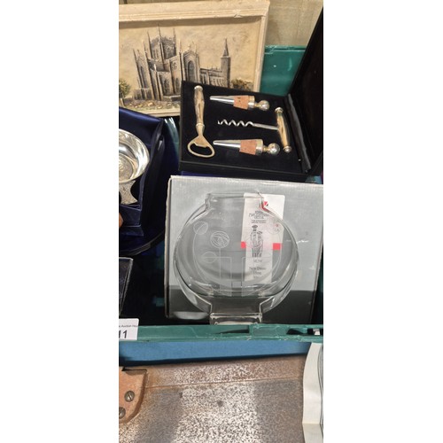 211 - Crate of collectables; Stuart glass, vintage purses, Dunfermline Abby plaque, art glass bowl masonic... 