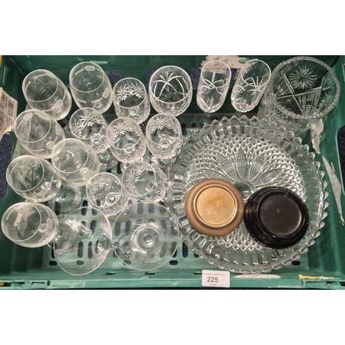 225 - Crate of Crystal ware; Rennie Macintosh glasses, crystal vase, cocktail glasses and crystal glasses.