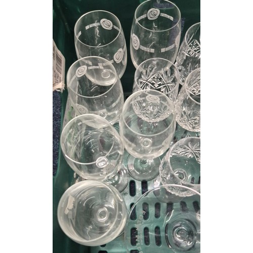 225 - Crate of Crystal ware; Rennie Macintosh glasses, crystal vase, cocktail glasses and crystal glasses.