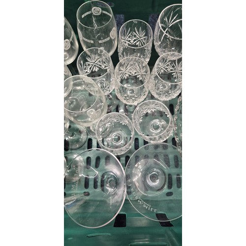 225 - Crate of Crystal ware; Rennie Macintosh glasses, crystal vase, cocktail glasses and crystal glasses.