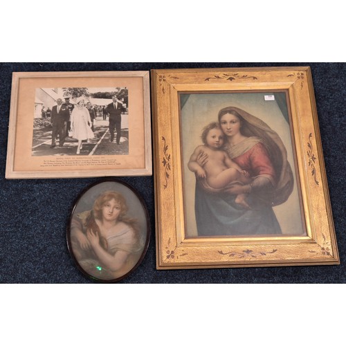 256 - Three various artworks; 19th century Pastel portrait of girl holding lamb, fitted within an oval fra... 