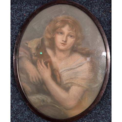 256 - Three various artworks; 19th century Pastel portrait of girl holding lamb, fitted within an oval fra... 