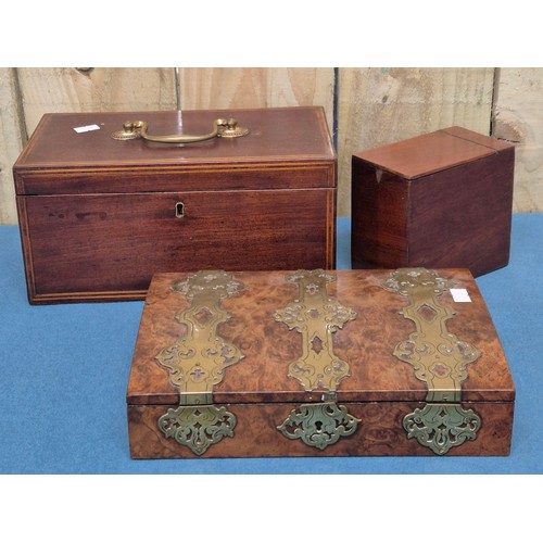 290 - Collection of three Antique Boxes; Inlaid Tea caddy box, 19th century burr walnut Brass bound box & ... 