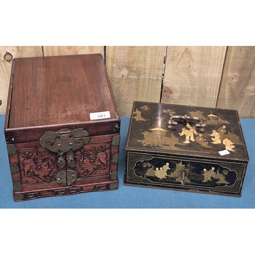 281 - Two antique Asian boxes; Chinoiserie Painted metal safe box with key and Chinese wood and brass boun... 
