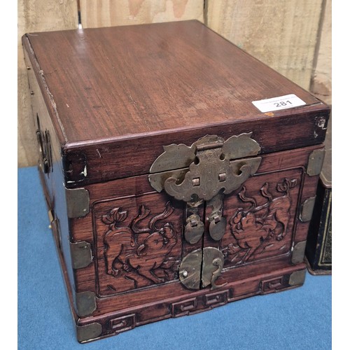 281 - Two antique Asian boxes; Chinoiserie Painted metal safe box with key and Chinese wood and brass boun... 