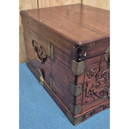 281 - Two antique Asian boxes; Chinoiserie Painted metal safe box with key and Chinese wood and brass boun... 