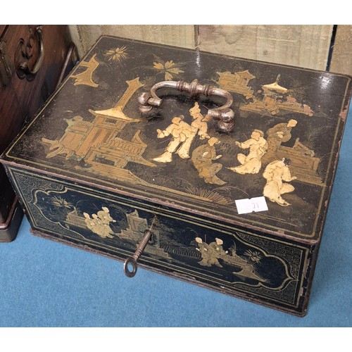 281 - Two antique Asian boxes; Chinoiserie Painted metal safe box with key and Chinese wood and brass boun... 