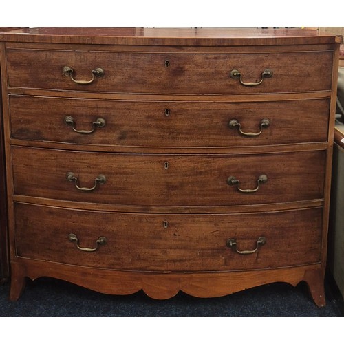 270 - 19th Century Mahogany Four Drawer Bow Fronted Chest of drawers with fitted brass handles. 91x108x57c... 