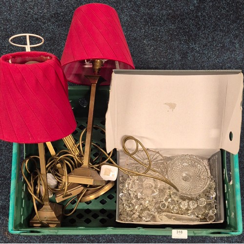 318 - Crate of Laura Ashley Brass table lamps together with Crystal Droplets.