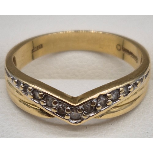 28 - 18ct yellow gold and diamond stone wish bone ring. 3.11Grams. Ring size L.