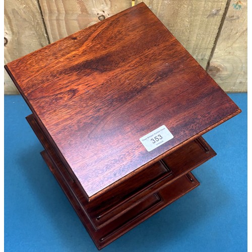 353 - Chinese mahogany revolving small display stand. 30cm x 23cm x 23xm.