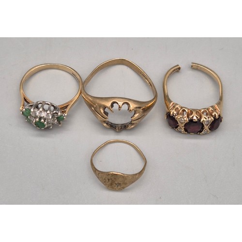30 - A lot of four 9ct yellow gold rings; Missing stones or damaged bands. 9.47grams.