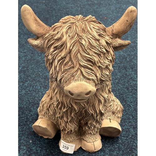 359 - Garden sculpture of highland cow. 30cm in height. Damage to horn.