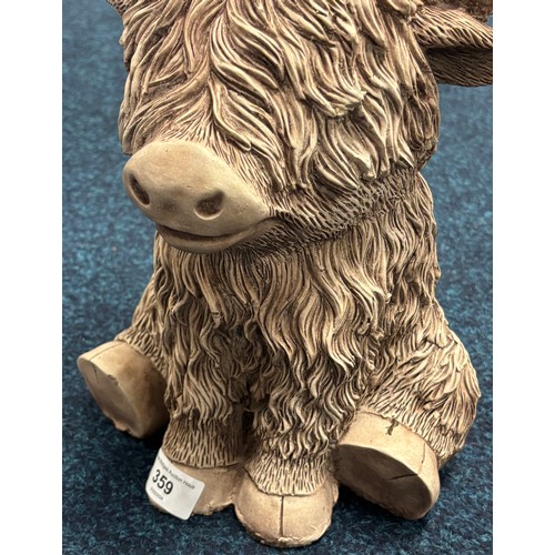 359 - Garden sculpture of highland cow. 30cm in height. Damage to horn.