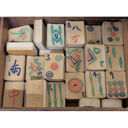 341 - Early 20th century Mah-Jong set with Bamboo and bone play pieces. Fitted within an oak and metal bou... 